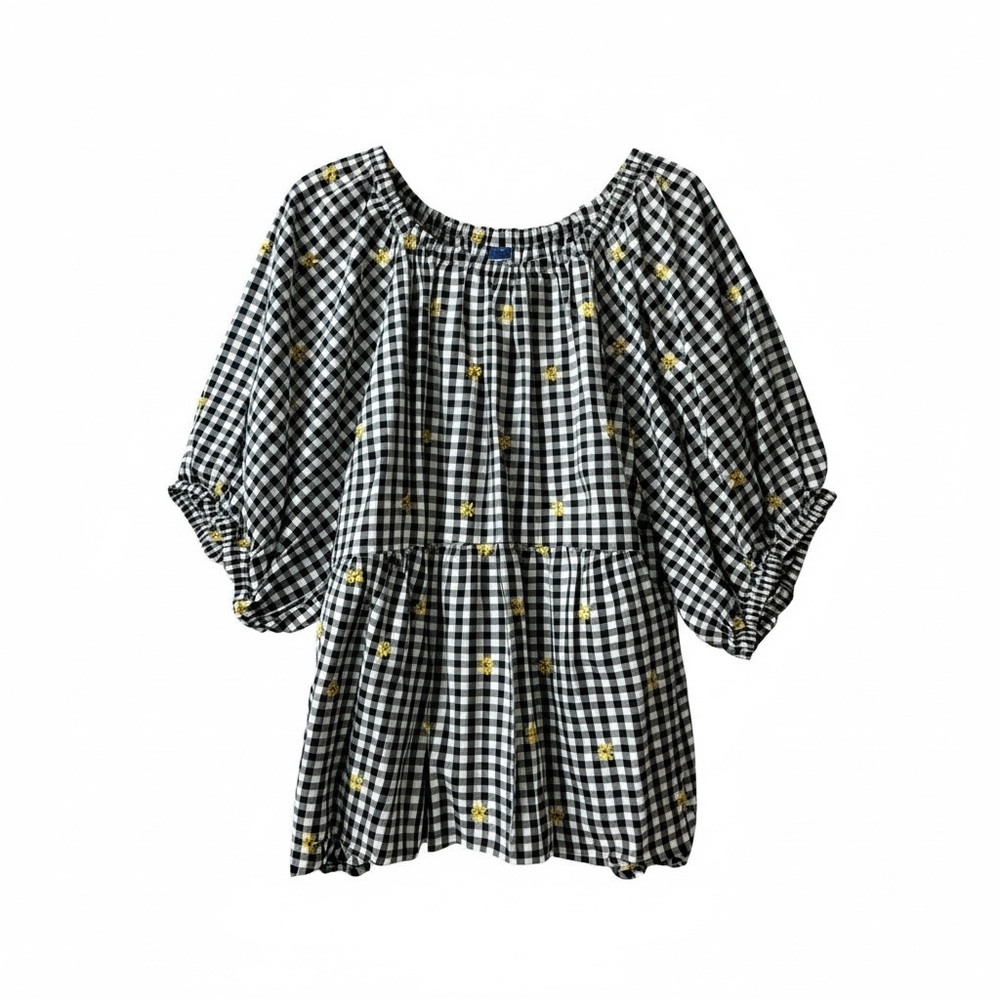 Black and White Gingham Blouse with Yellow Flower Accents